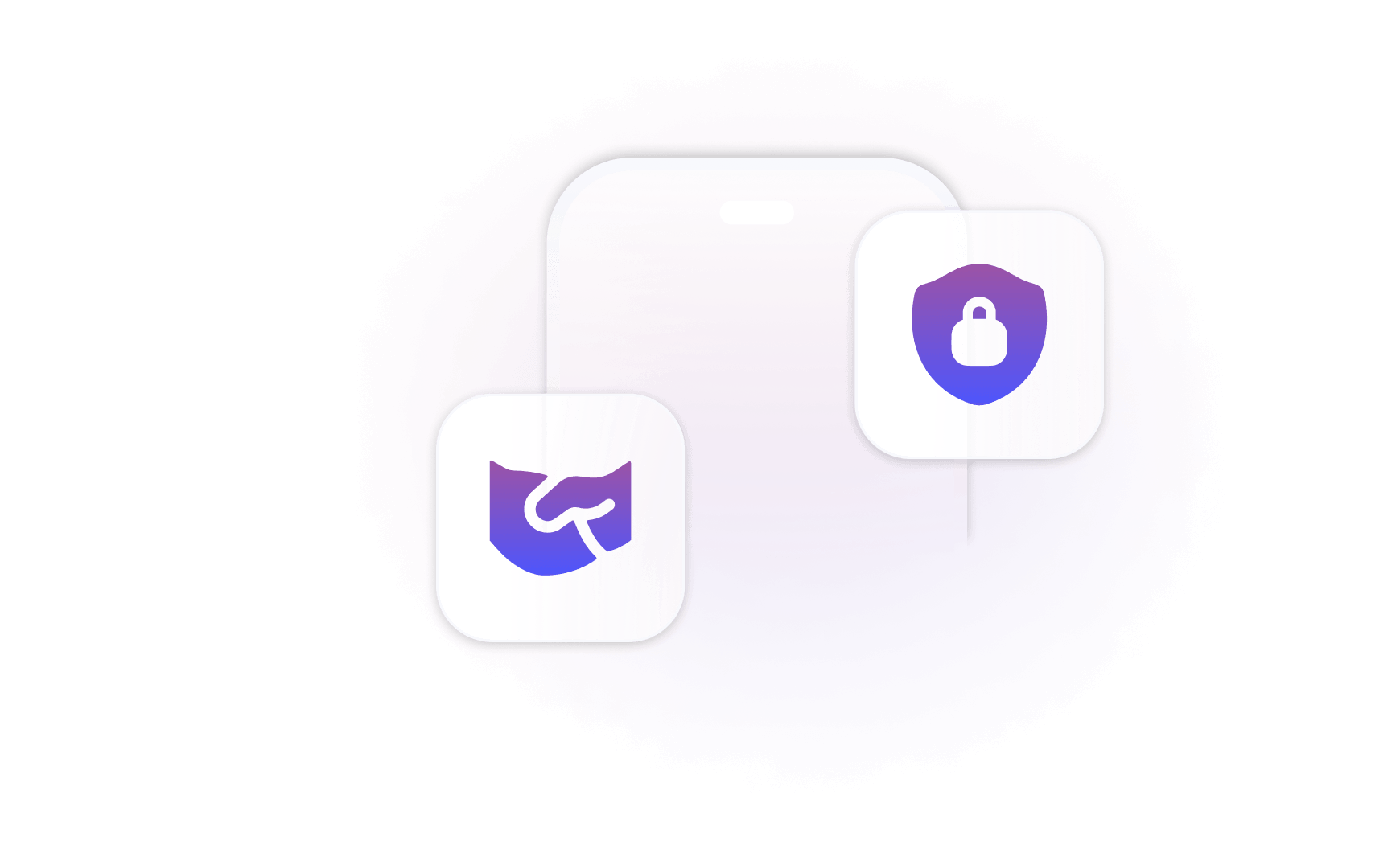 Smartphone displaying security icons, including a shield with a lock and a shield with a hook, representing protection and secure transactions